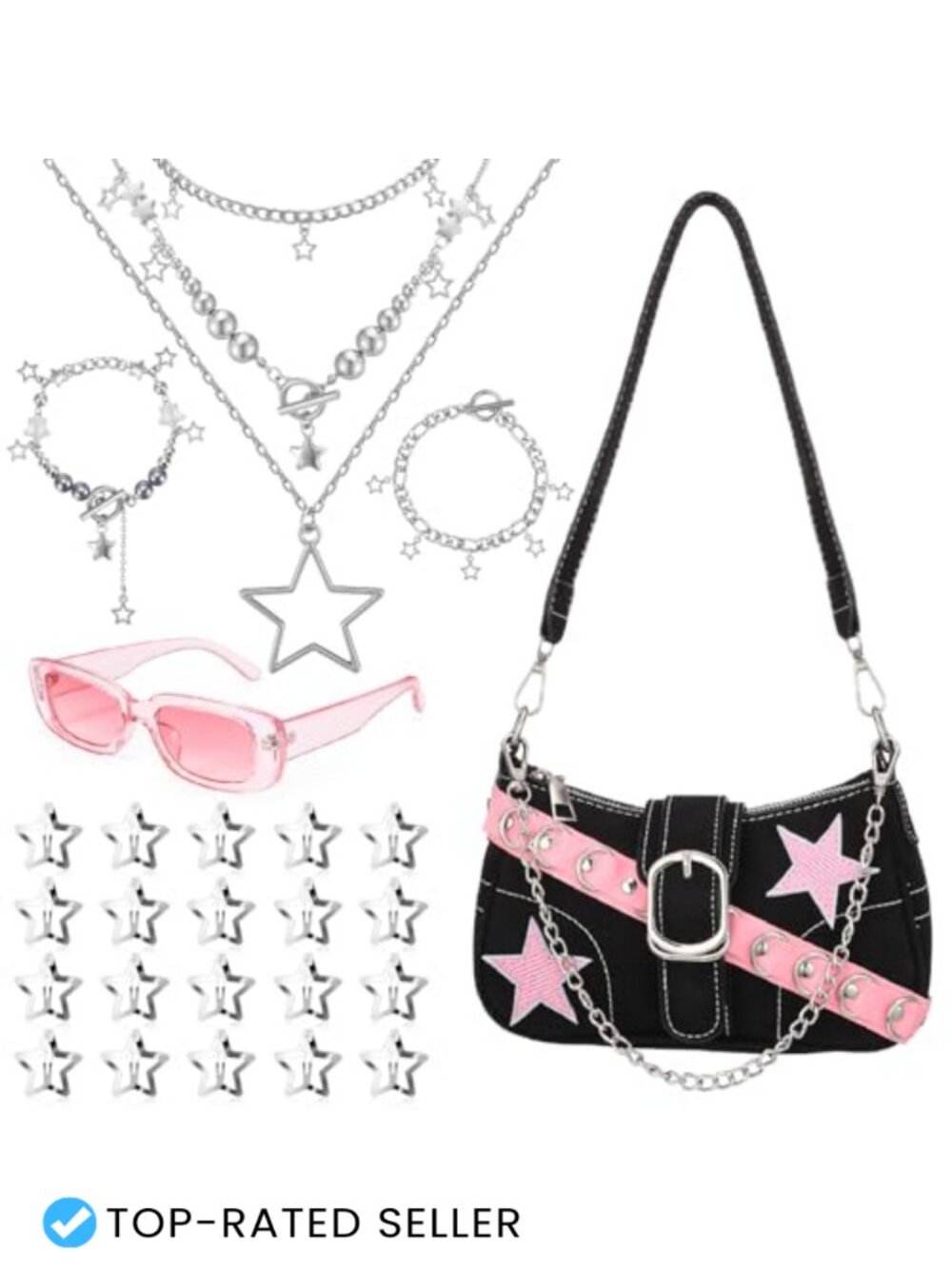 Y2K Star Jewelry Set with Necklace Bracelet Sunglasses Shoulder Bag Hair Clips